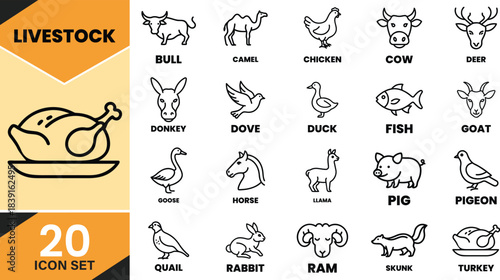 Line icons set of twenty diverse animals including livestock, farm, poultry, and wild creatures for design projects. Vector