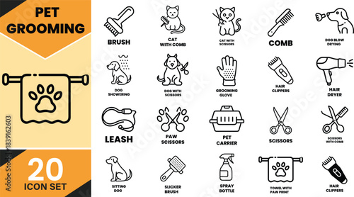Pet grooming icons collection with essential tools for animal care, hygiene, and styling services. Vector