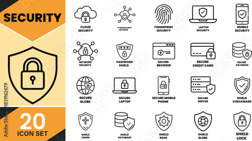 Security system and digital protection icon set showing various cybersecurity concepts on clean background. Vector