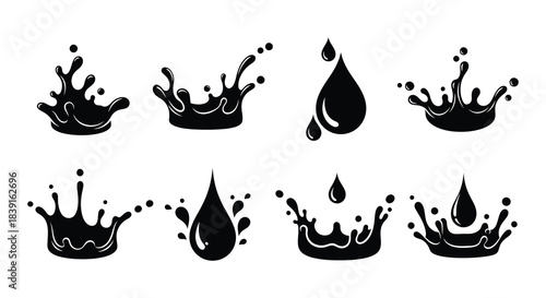 Black and white illustration of various water splash and droplet shapes