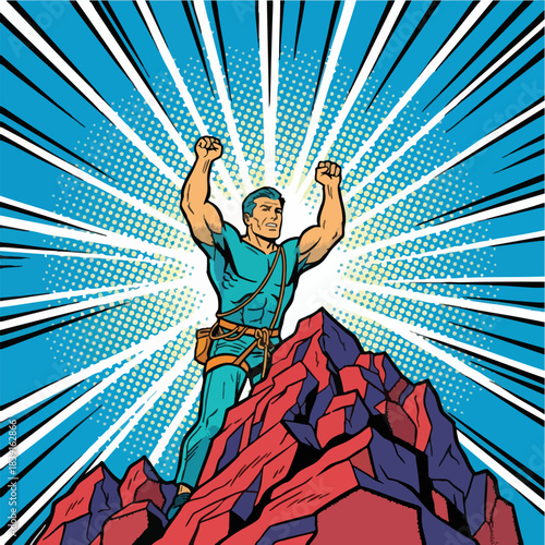 Pop Art style climber celebrating triumph on rocky mountain peak