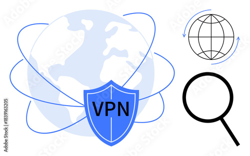 Earth globe with VPN shield, magnifying glass, and digital network lines representing cybersecurity, privacy, online safety, internet browsing, data protection, anonymity remote access. Ideal