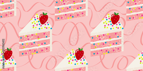 seamless pattern makes piece of festive strawberry cake on pink background. festive pink background for birthday. flat pattern with texture. stock vector illustration. EPS 10.
