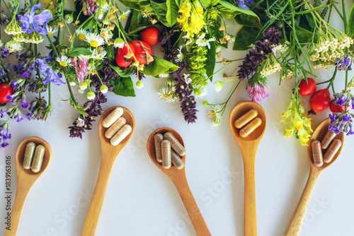 Various medicinal herbs and flowers and supplements. Selective focus.