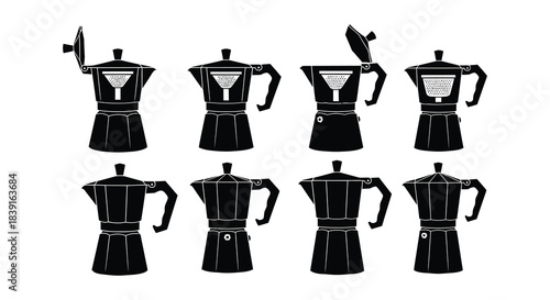 A collection of black silhouette moka pots arranged in a grid pattern