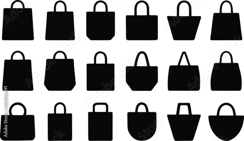 Collection of black tote bags isolated on a white background
