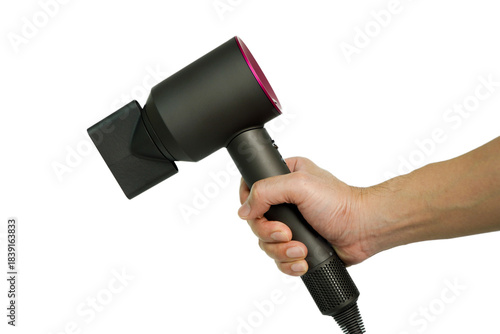 Hair dryer in hand isolated on white background, clipping path