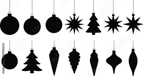 Black Christmas Ornament Silhouettes Vector Collection: Holiday Baubles, Tree Shapes, and Star Decorations Set, Winter Season, Isolated Element Pack.