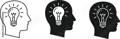 Creative thinking head icons showing light bulb ideas, innovation, intelligence, brainstorming, problem solving, insight, imagination, and conceptual mind design