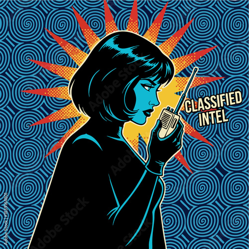 Vintage Pop Art Spy Woman Communicating Classified Intel