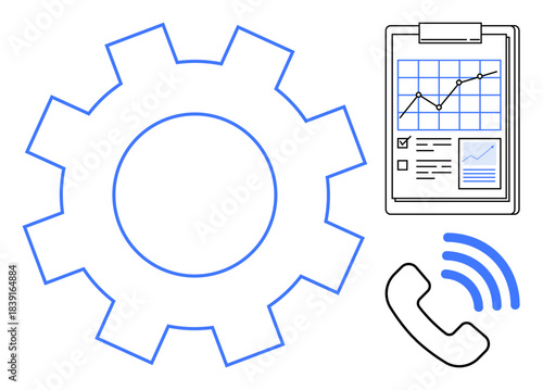 Workflow automation, business management, communication systems, analytics, teamwork, data sharing. Gear icon, chart checklist phone with signal waves. Workflow automation and business management