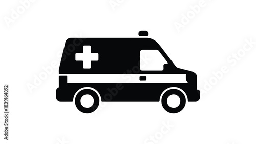 Simple black and white silhouette icon of an ambulance with a medical cross symbol