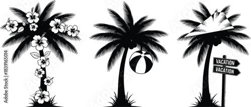 Black Palm Tree Silhouettes Vector Set: Tropical Hibiscus Flowers, Beach Ball, and Vacation Sign Icon Pack, Summer Holiday Travel Element.