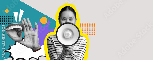 Canvas-taulu A vibrant collage showcases a woman holding a megaphone surrounded by playful graphics