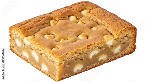 Billede på lærred Isolated blondie dessert bar, delicious fresh-baked treat with white chocolate p