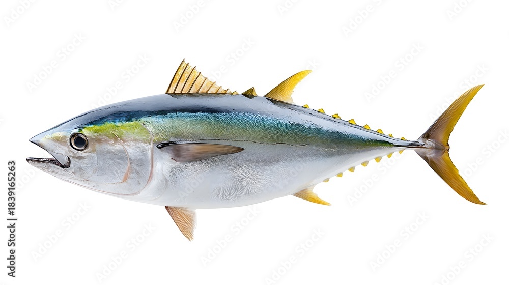 Fototapeta premium A vibrant yellowfin tuna showcasing its distinctive blue and green dorsal colo n and bright yellow fins presented in profile on a clean white backdrop