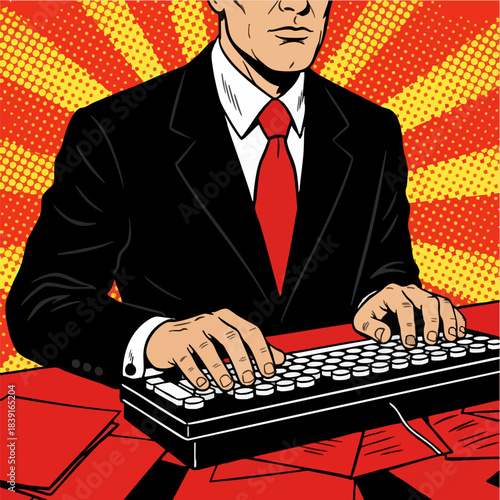 Professional Businessman Typing Keyboard Pop Art Illustration