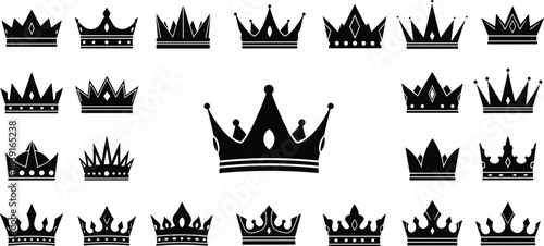 Elegant black silhouette vector illustration of multiple royal crowns featuring decorative shapes, luxury design elements, regal symbols, and classic monarchy style.”