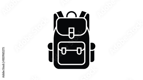 Black silhouette of a hiking backpack with straps and pockets on a white background