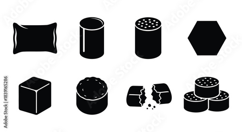 Black silhouettes of various geometric shapes and broken objects displayed on white