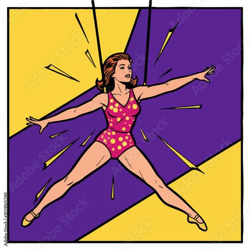 Vintage comic woman acrobat stunt pop art illustration background