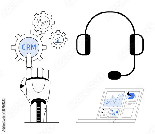 Business automation, CRM systems, customer support, technology, data analysis, AI tools. Robotic hand touching CRM, headset charts on screen. Business automation and CRM systems concept