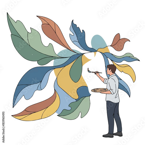 Artist painting colorful abstract floral shapes on a white wall