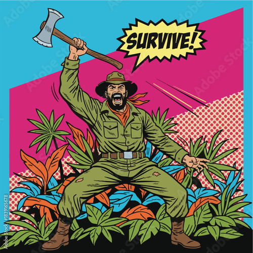 Retro Comic Survivor Man Raising Axe in Vibrant Tropical Jungle