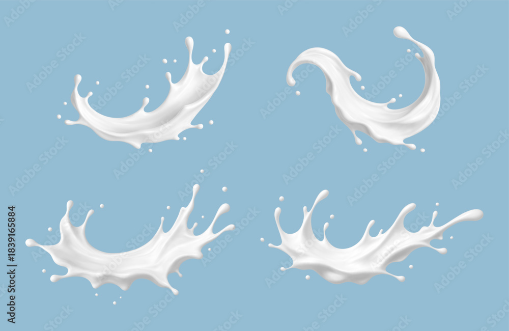 Obraz premium Milk splashes on blue background. Realistic dairy liquid motion. Vector illustration