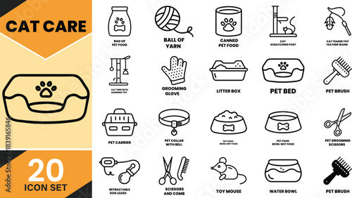 Outline vector icons set for comprehensive cat care essentials, featuring food, grooming, play, and accessories Vector