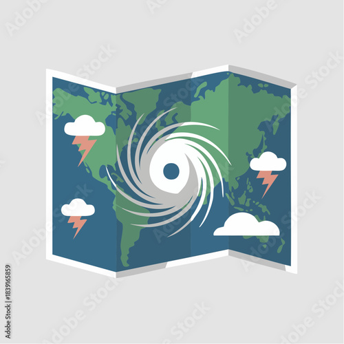 World Map with Hurricane and Storm Clouds.
