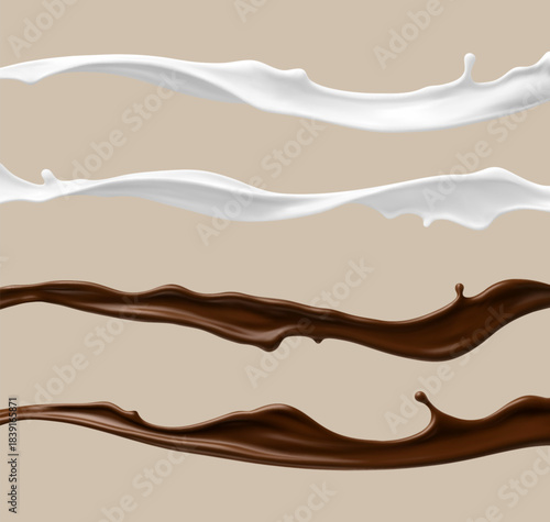 Milk and chocolate splashes. Milkshake and melted choco. Realistic vector illustration