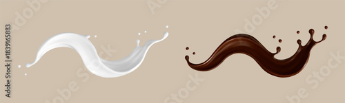 Milk and chocolate splashes. Milkshake and melted choco. Realistic vector illustration