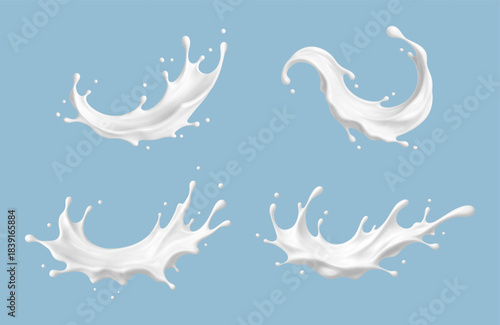 Milk splashes on blue background. Realistic dairy liquid motion. Vector illustration