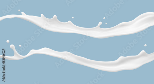 Milk splashes on blue background. Realistic dairy liquid motion. Vector illustration