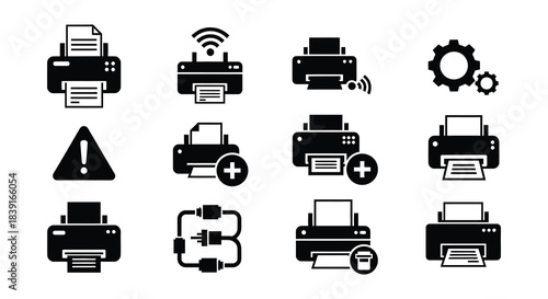 Black and white icons depicting printers wireless signals and related symbols