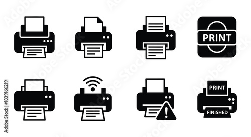 Black and white icons depicting printers wireless signals and related symbols
