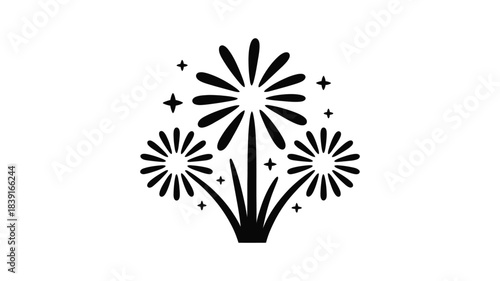 Stylized black silhouette of bursting fireworks and sparkling stars on a white background