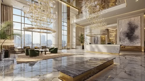 Luxurious hotel lobby with modern design and grand chandeliers