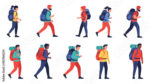 Diverse group of hikers and backpackers with colorful gear ready for adventure