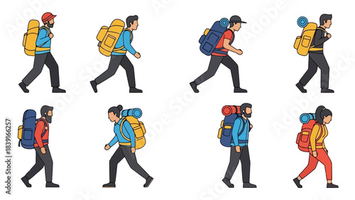 Diverse Hikers with Big Backpacks Walking Adventure Illustration Set