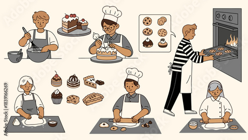 Diverse Bakers Crafting Delicious Desserts and Pastries Baking Process Illustration