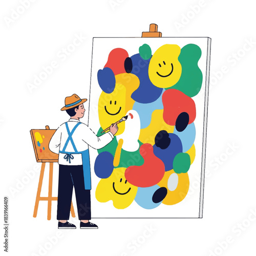 Creative painter crafting a cheerful, abstract masterpiece featuring colorful, happy shapes and expressive smiles on a big canvas