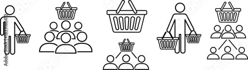 Shopping basket consumer icons illustrating customer groups, market audience, buyer behavior, retail purchasing concepts and people carrying baskets in vector design