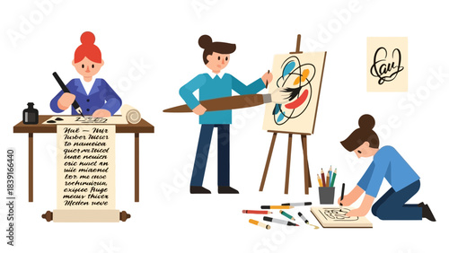 Creative Artists and Writers at Work Illustration of Diverse Artistic Processes and Self Expression