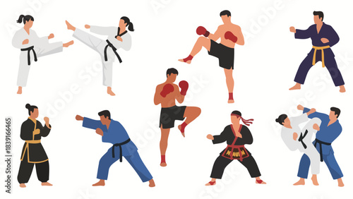 Diverse Martial Arts Fighters in Action Poses Karate Judo Boxing Taekwondo Kung Fu MMA Concept Art Illustration