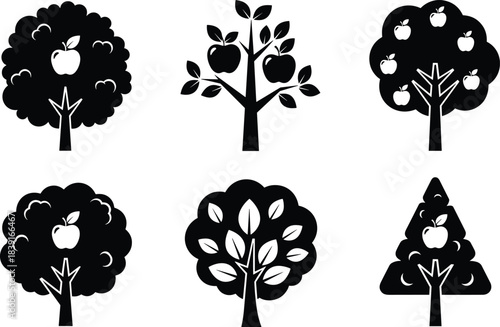Collection of black apple tree silhouettes with fruit and leaf variations, nature-themed orchard icons perfect for farming, gardening, and organic design projects