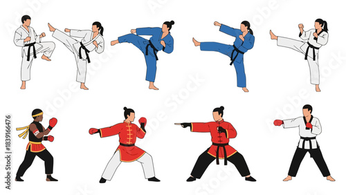 Diverse Martial Arts Fighters Showcase Karate Judo Kung Fu and Boxing Techniques