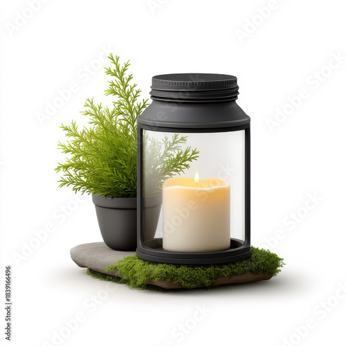 Fototapeta Naklejka Na Ścianę i Meble -  Farmhouse Christmas decor with 3d illustrator style shows cozy candle lantern and green plant on mossy wood for warm festive ambiance