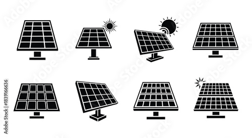 Illustrations of solar panels energy generation and related renewable technology designs